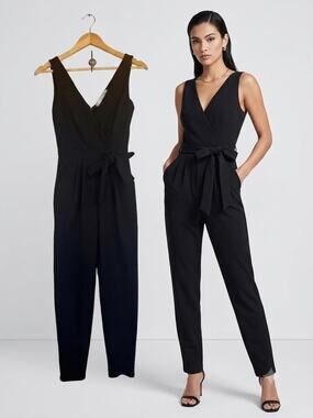 Outrageous Fortune Black V-Neck Tie Waist Sleeveless Jumpsuit Size 2